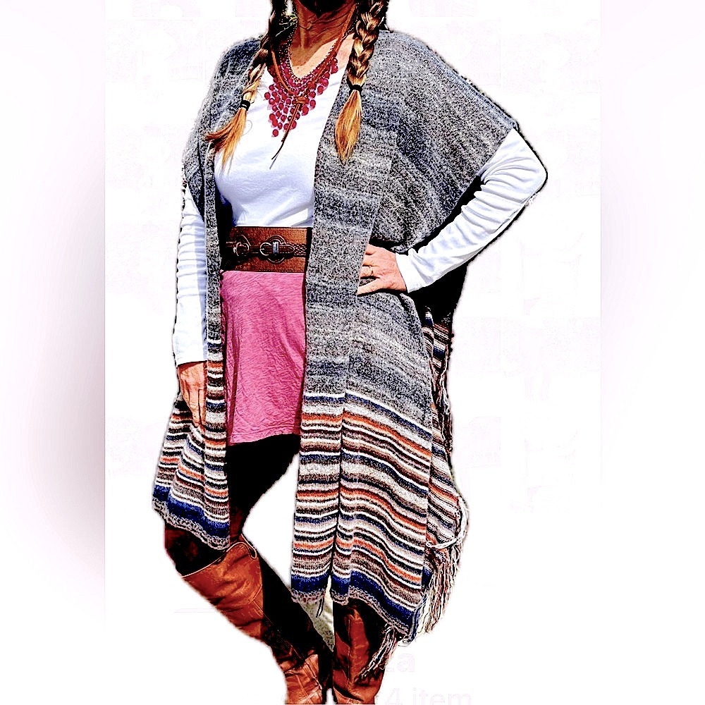 Free People Latitude 30 Wool Wrap Poncho Shawl Rainbow Stripe Fringe Sweater